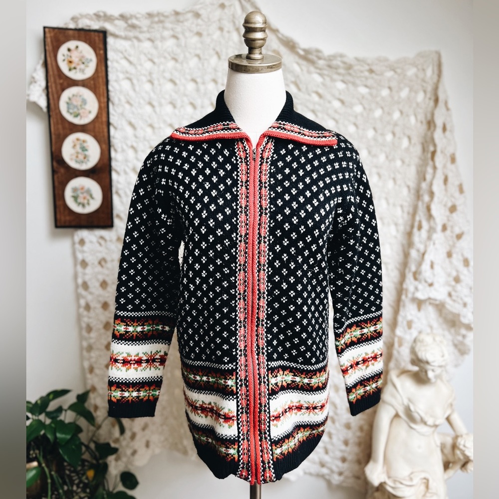 90s Nordic Fair Isle Style Wool Zip Up Knit Cardigan Sweater Small